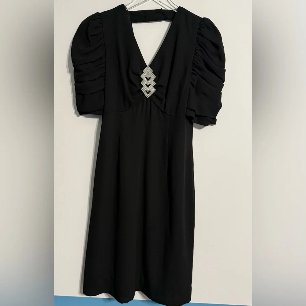 Vtg Miss Elliette Black Dress Rhinestone Embellished LBD Old Money Glam Size 10 - Picture 2 of 15